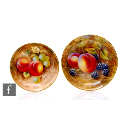 81 - A Royal Worcester fallen fruit painted pin dish by John Smith, circa 1953, decorated with peaches an... 