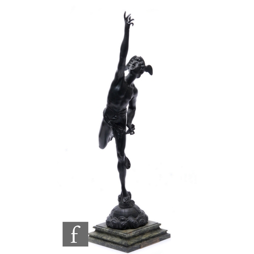 495 - A late 20th Century bronze figure of Mercury with right hand raised, on a dome and stepped square ba... 