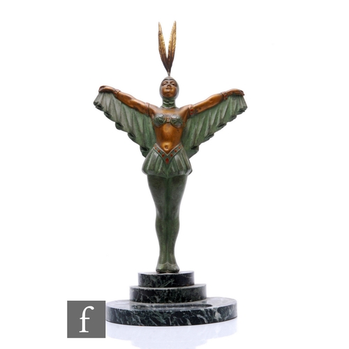 496 - A late 20th Century Art Deco bronze figure of a dancer leaning back with arms raised, wearing twin p... 