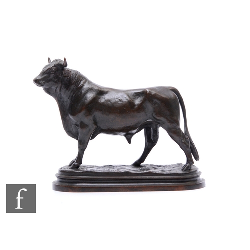 502 - A 19th Century French bronze study of a standing bull, the stepped oval base signed I Bonheur, width... 