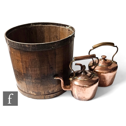 515 - A coopered log bin, diameter 39cm, and two Victorian copper kettles. (3)PLEASE VIEW CONDITION REPORT... 