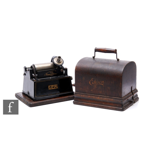 516 - An Edison Gem phonograph, black painted case, model C reproducer, in domed oak case.PLEASE VIEW COND... 