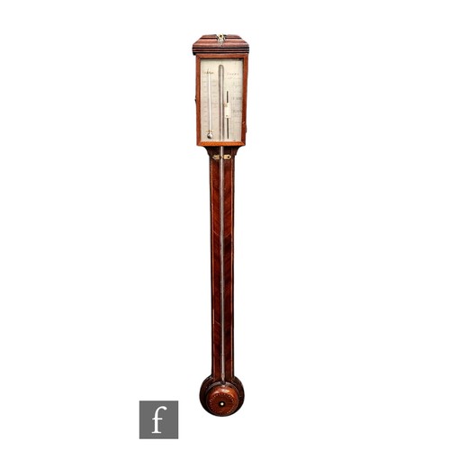 624 - A George III inlaid mahogany stick barometer, the silvered scale signed Pozzi London, incorporating ... 