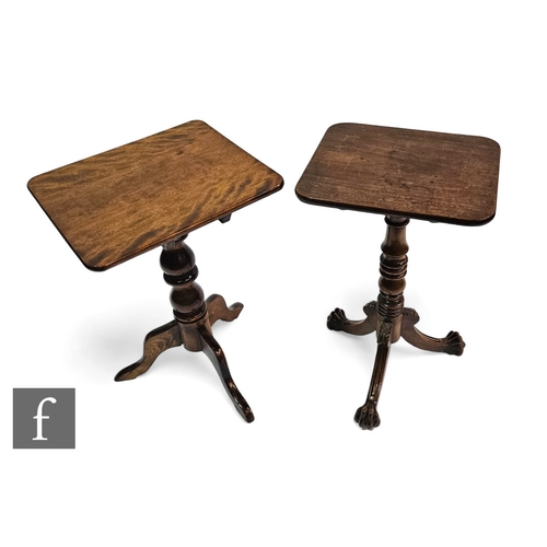 647 - A 19th Century mahogany rectangular snap top occasional table, ring turned pedestal and tripod base ... 