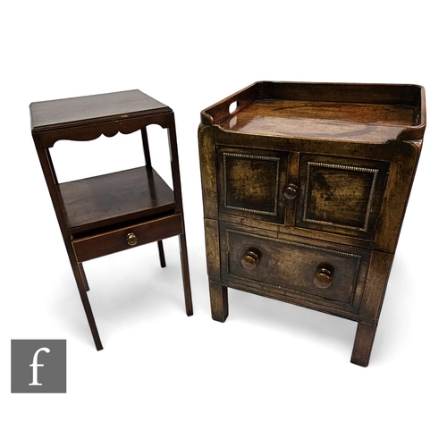 657 - A 19th Century mahogany square tray top bedside commode enclosed by a pair of beaded edged doors ove... 