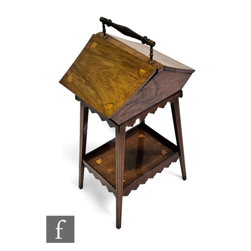 677 - An Edwardian inlaid rosewood portable sewing cabinet, the sloping sides opening to reveal a maroon s... 