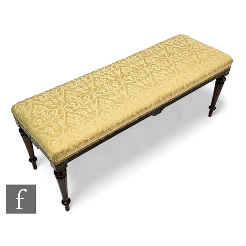 688 - A Victorian ebonised window or duet seat on turned fluted legs, upholstered in cream floral damask, ... 