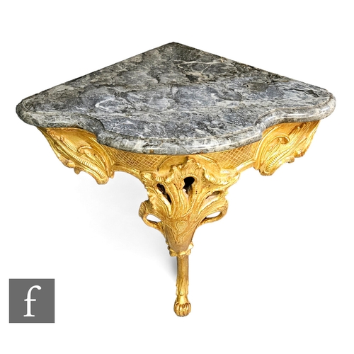 704 - A 19th Century George I style gilt consul table, acanthus design, on single scroll leg, green variat... 