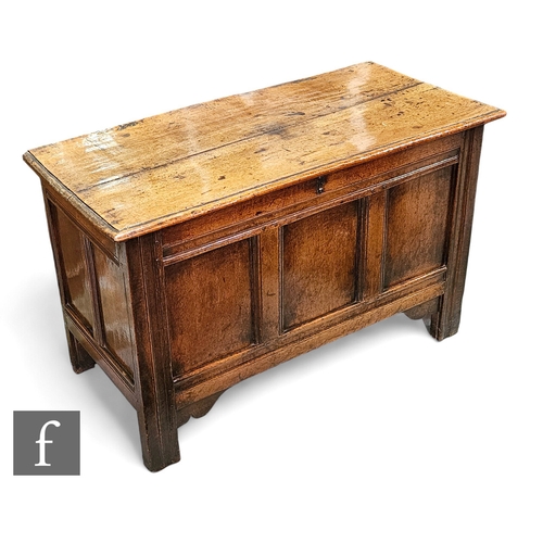 681 - An 18th Century oak coffer, the hinged top over a recessed triple panelled front and conforming side... 