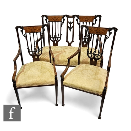 708 - A late Victorian marquetry inlaid three piece drawing room suite, comprising a two seater settee and... 