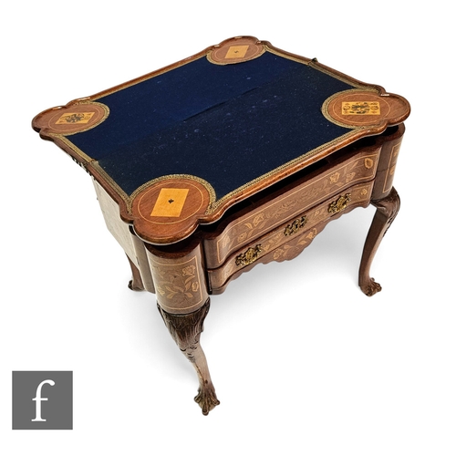 683 - An 18th Century Dutch marquetry inlaid fold over card table, the top detailed centred with an urn fl... 