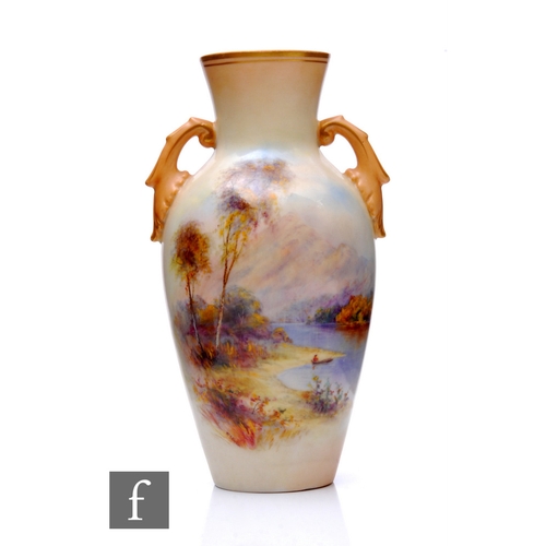 94 - A Locke & Co Worcester twin handled painted landscape vase by Walter Stinton, of baluster form, ... 