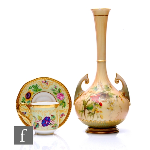 97 - A Royal Worcester blush ivory vase of globe and shaft form with stylised foliate handles and drawn w... 