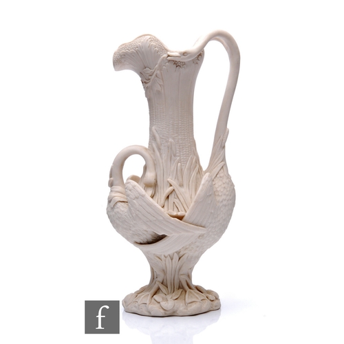 104 - A late 19th Century parian ewer, possibly Coalport, of baluster footed form, with drawn trumpet form... 