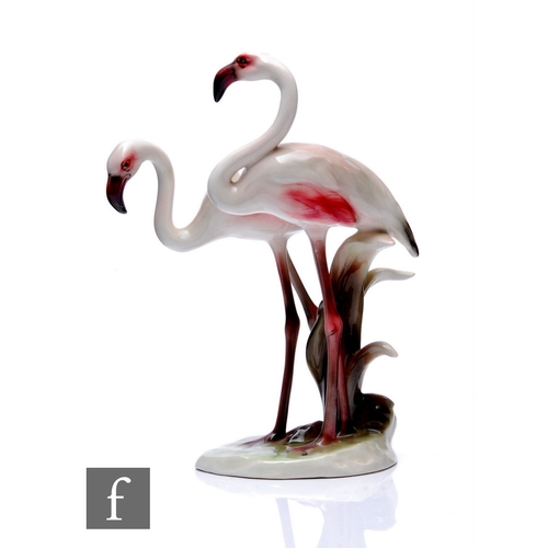 109 - A Keramos Wien porcelain figure group, Standing Flamingos 1954, designed by Rudolf Chocholka (1888-1... 