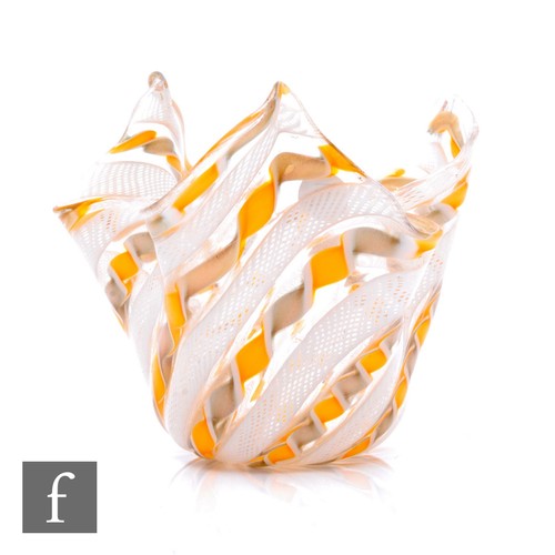 171 - A Murano glass handkerchief vase with white zanfirico lattice filigree and yellow, white and copper ... 