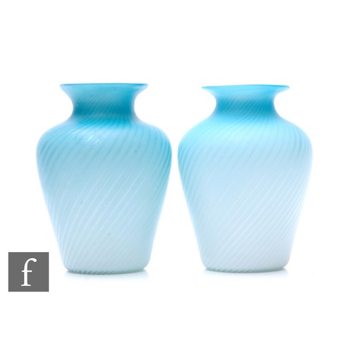 175 - A pair of Stourbridge satin swirl glass vases, shouldered form, graded turquoise to white cased deco... 