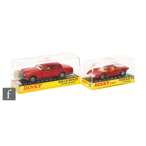 1085 - Two Dinky diecast model cars, 220 Ferrari P5 and 158 Rolls-Royce Silver Shadow, both in metallic red... 