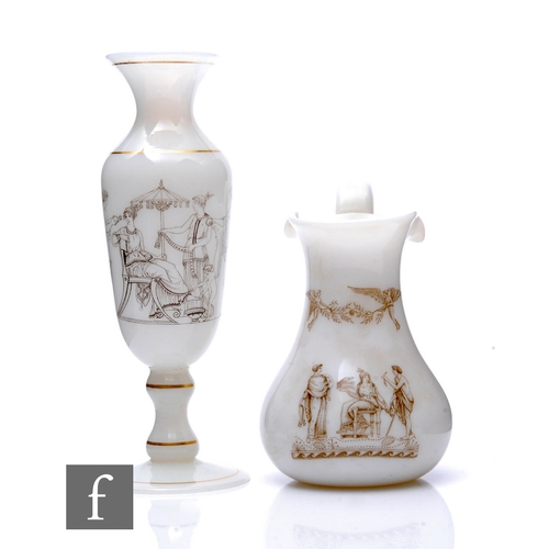 183 - A George Bacchus & Sons opaque glass jug of baluster form, printed en-grisaille with Greco-Roman... 