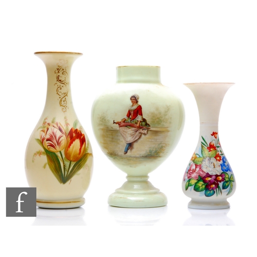 185 - A 19th Century opaque glass vase of ovoid form on short knopped stem and circular foot, decorated wi... 