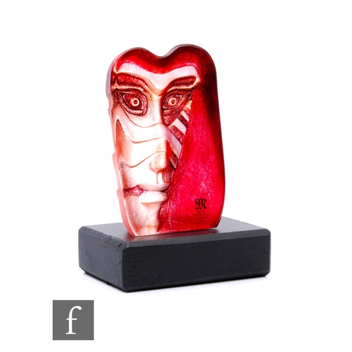 186 - A glass mask sculptural block by Mats Jonasson for Målerås, titled Kiwok, moulded decorating with re... 