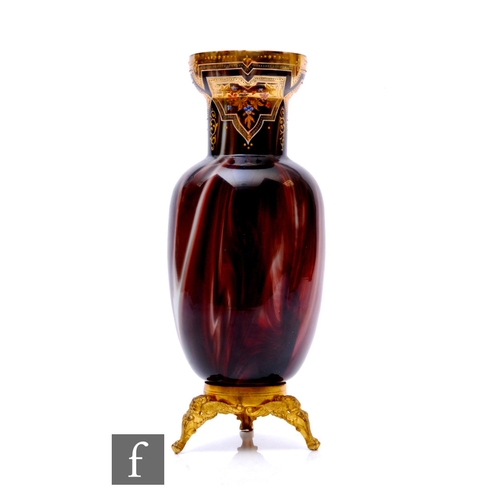 195 - A Loetz Marmoriertes glass vase of ovoid form with drawn collar and dished rim, brown agate body ove... 