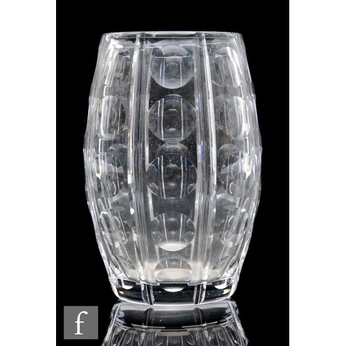 1104 - A mid 20th Century Stuart & Sons clear cut crystal glass vase, designed by John Luxton, of swoll... 