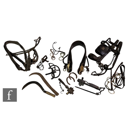 544 - Various leather horse harness and halters, one named for Morris Jones Barmouth, braces, bits and var... 