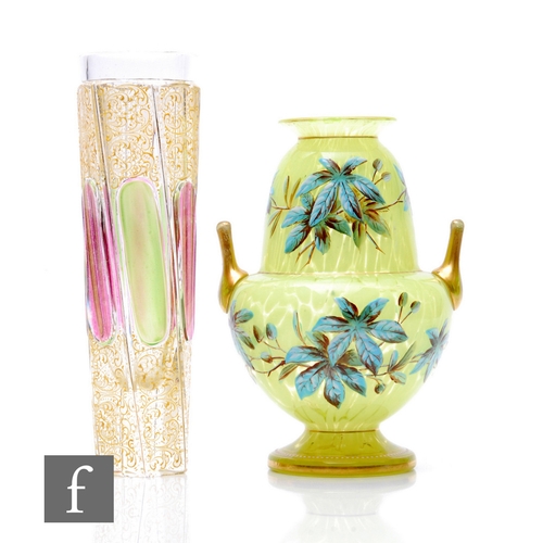 252 - A late 19th Century Bohemian lime green marbled and enamelled vase, of baluster footed form, with an... 