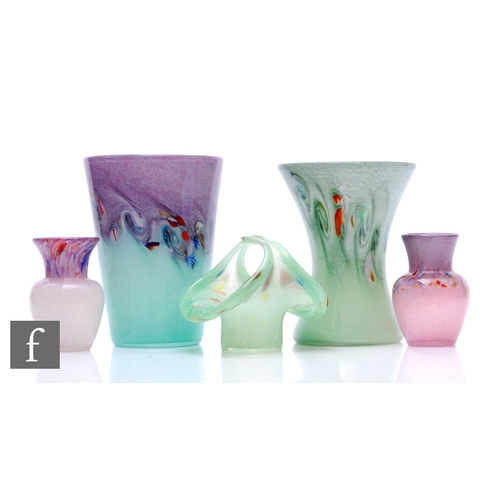 261 - A 20th Century Strathearn vase of flared bucket form, aqua, lilac and polychrome swirling ground, im... 