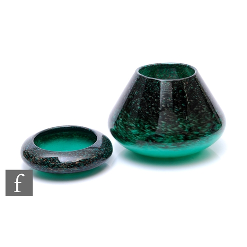 262 - A 20th Century Stathearn glass vase of squat tapered form, the swirling green glass with aventurine ... 