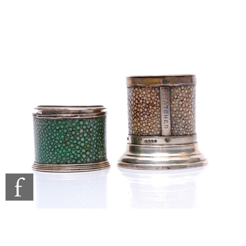 468 - A late 19th Century hallmarked silver and shagreen desk match strike of cylindrical form with steppe... 