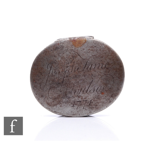 474 - An 19th Century oval snuff box with hinged lid, engraved with the name Joseph James Houlsoe and a da... 