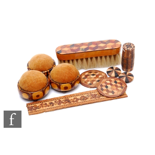 476 - A small collection of 19th Century Tunbridge Ware and marquetry items to include three round pin cus... 