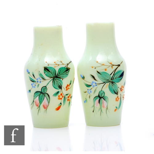 293 - A pair of French opaque opal glass vases, of shouldered and tapered form, enamelled polychrome decor... 