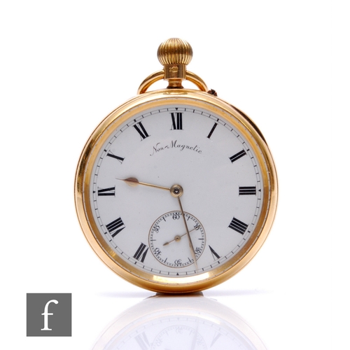 An 18ct hallmarked open faced, crown wind pocket watch, Roman numerals to a white enamelled dial, case diameter 50mm, gold dust cover, no engravings, total weight 113g, Chester 1903.