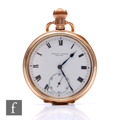 306 - An early 20th Century gold pated crown wind open faced pocket watch, cased.