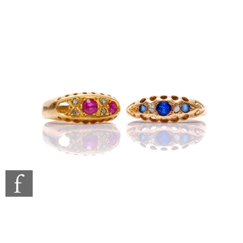 122 - Two early 20th Century 18ct hallmarked boat shaped rings, a ruby and diamond example and a blue past... 