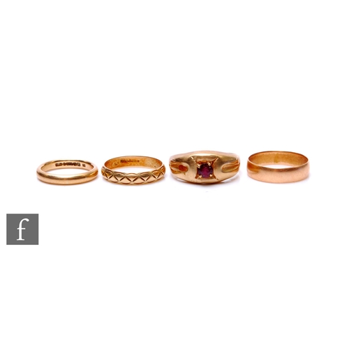 126 - Three 9ct hallmarked rings to include two wedding rings, total weight 10.5g, with a further unmarked... 