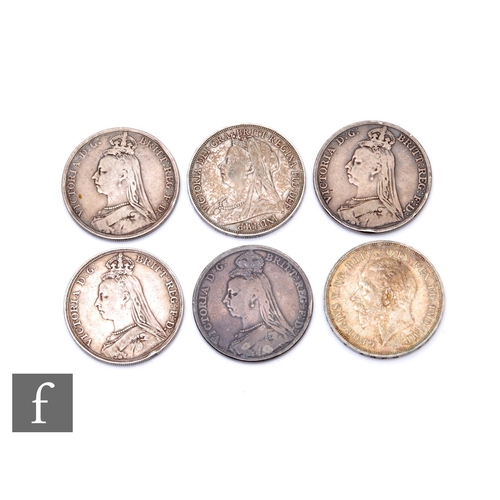 128 - Five Victorian crowns, 1889, 1891 and 1898, with a 1935 example. (6)