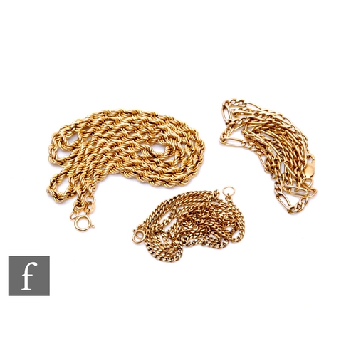 137 - Three 9ct chains, a rope, figero and filed curb example, total weight 13.5g, various lengths. (3)