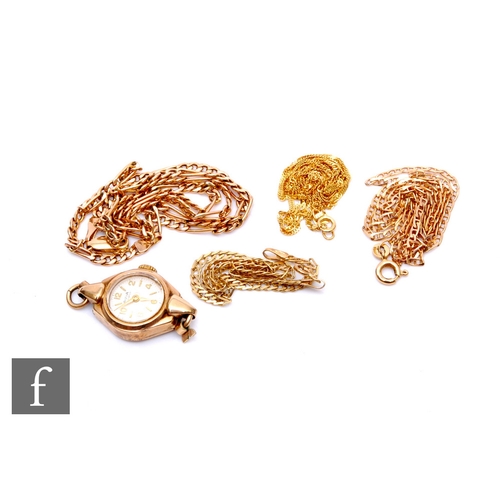 138 - Four 9ct chains to include figero and fancy trace, a 9ct bracelet, total weight 10g, with a 9ct lady... 