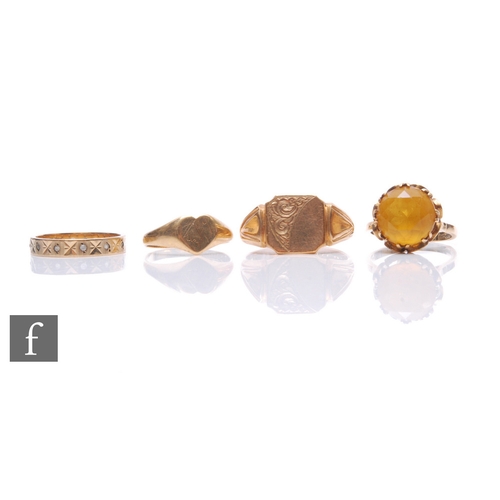 139 - Four 9ct hallmarked rings to include a single stone citrene and signet examples, total weight 15.5g,... 