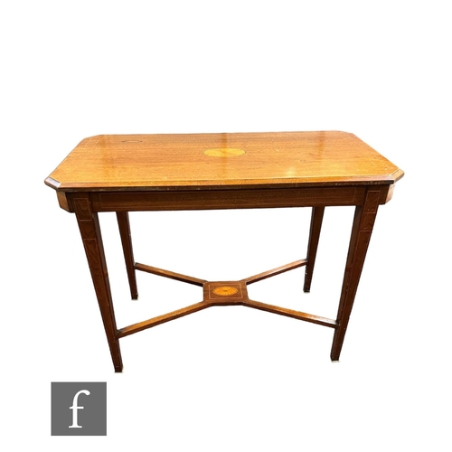 743 - An Edwardian inlaid mahogany centre table, oval fan paterae top on square tapered legs united by a c... 