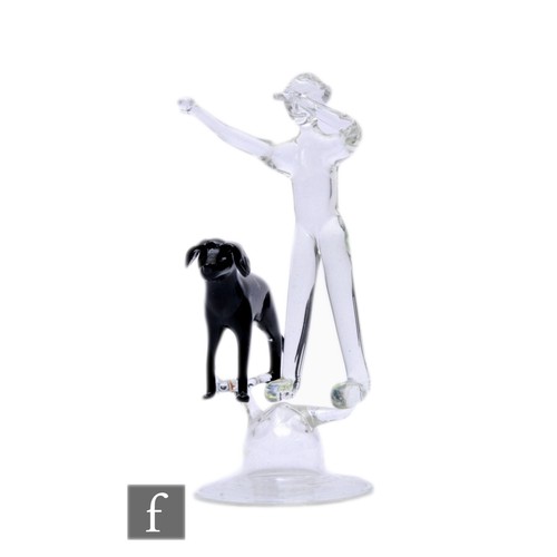 297 - A 20th Century lampwork figure group, standing figure with outstretched arm and a standing black dog... 