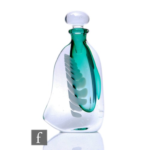 298 - A Karlin Rushbrook studio glass scent bottle of compressed form, clear glass over ribbed opal and gr... 