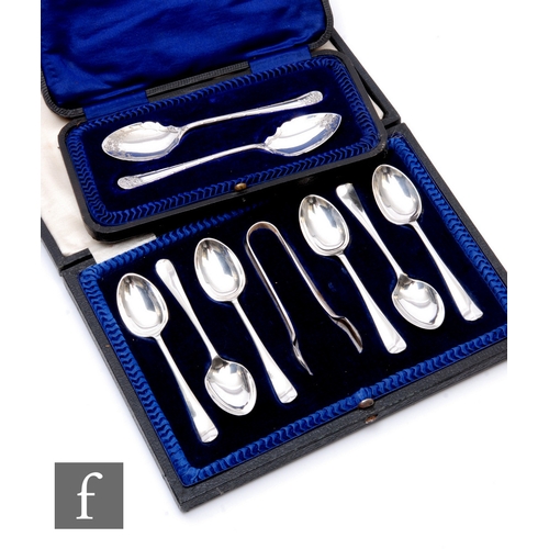 14 - A cased set of six hallmarked silver tea spoons and tongs, with two silver preserve spoons, cased, t... 