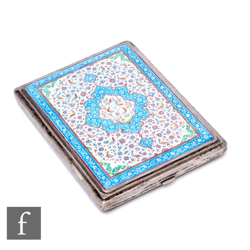 17 - A white metal cigarette case with enamelled Persian style decoration to front and engraved foliate s... 