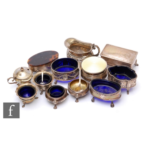 24 - A parcel lot of assorted hallmarked silver items to include open salts, a trinket box, an enamelled ... 