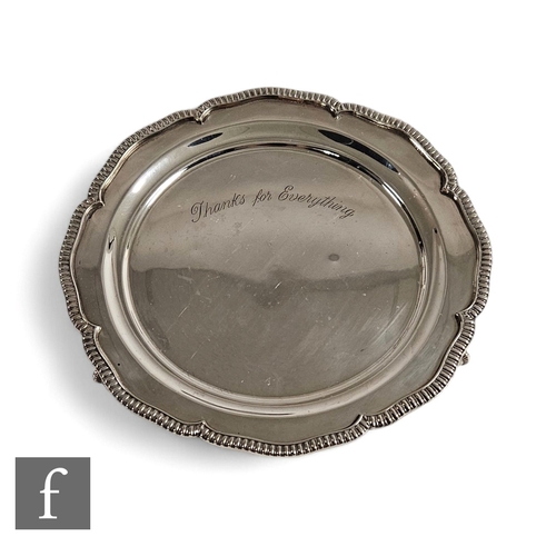 39 - A hallmarked silver circular waiter of plain from, engraved 'Thanks for Everything', weight 11.5oz, ... 